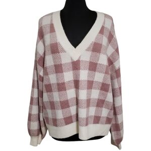 LOFT Gingham Oversized V-Neck Sweater Wool Blend Size XL